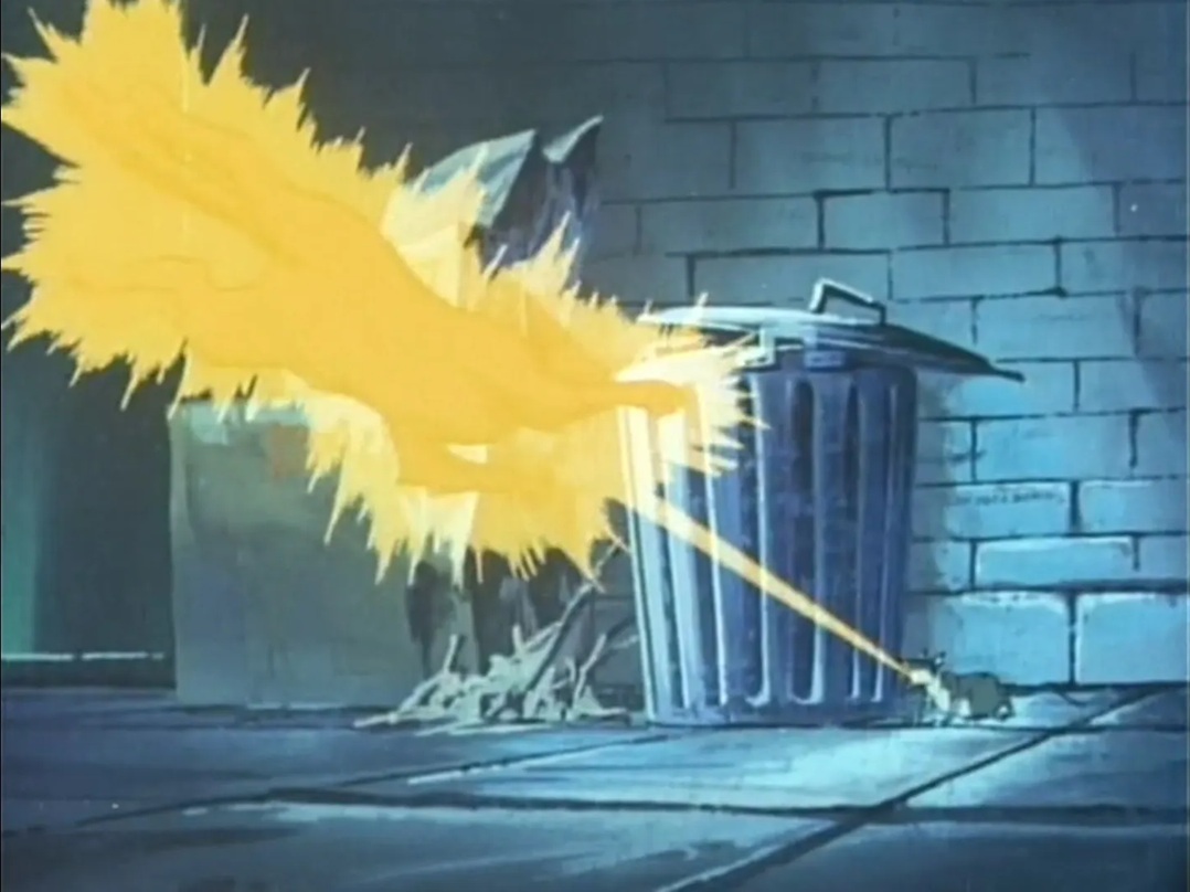 A robot rat kills a cat pouncing on it by shooting it with a heat ray.